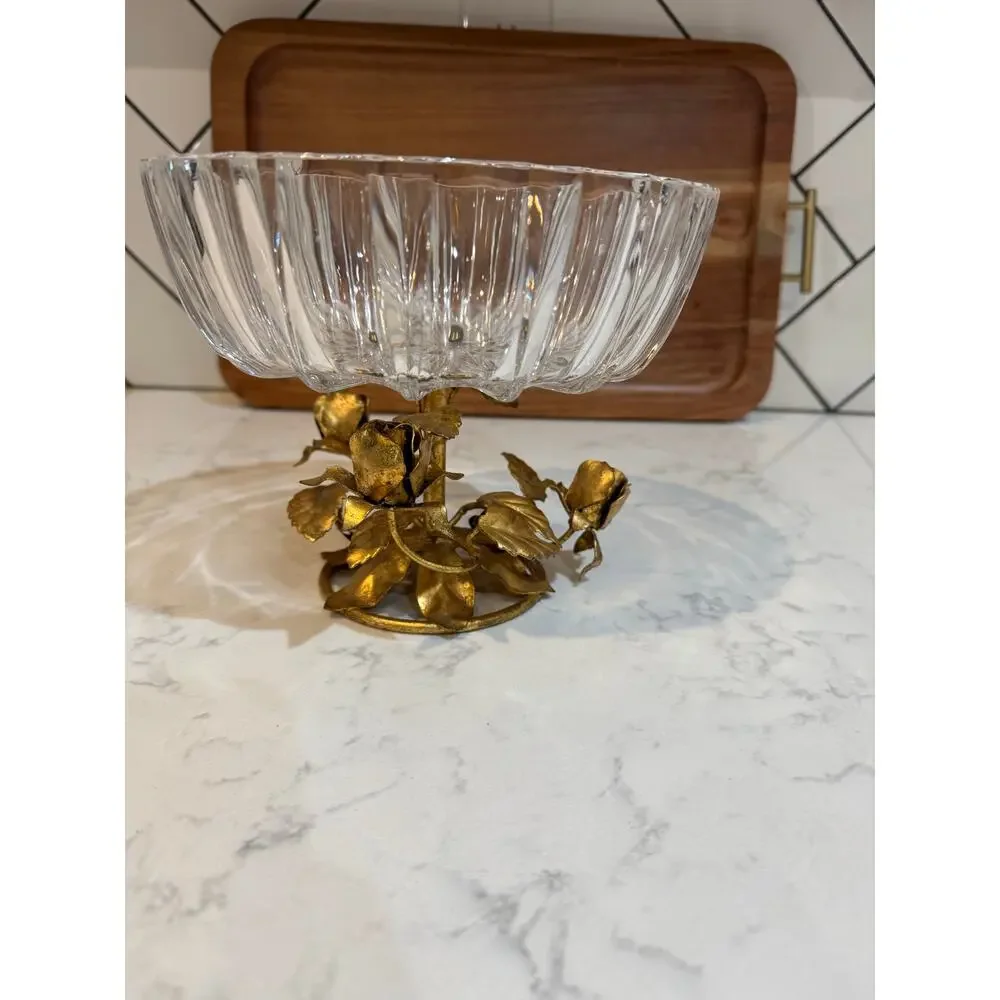 Hollywood Regency compote bowl crystal top gold-gilt cast brass pedestal base